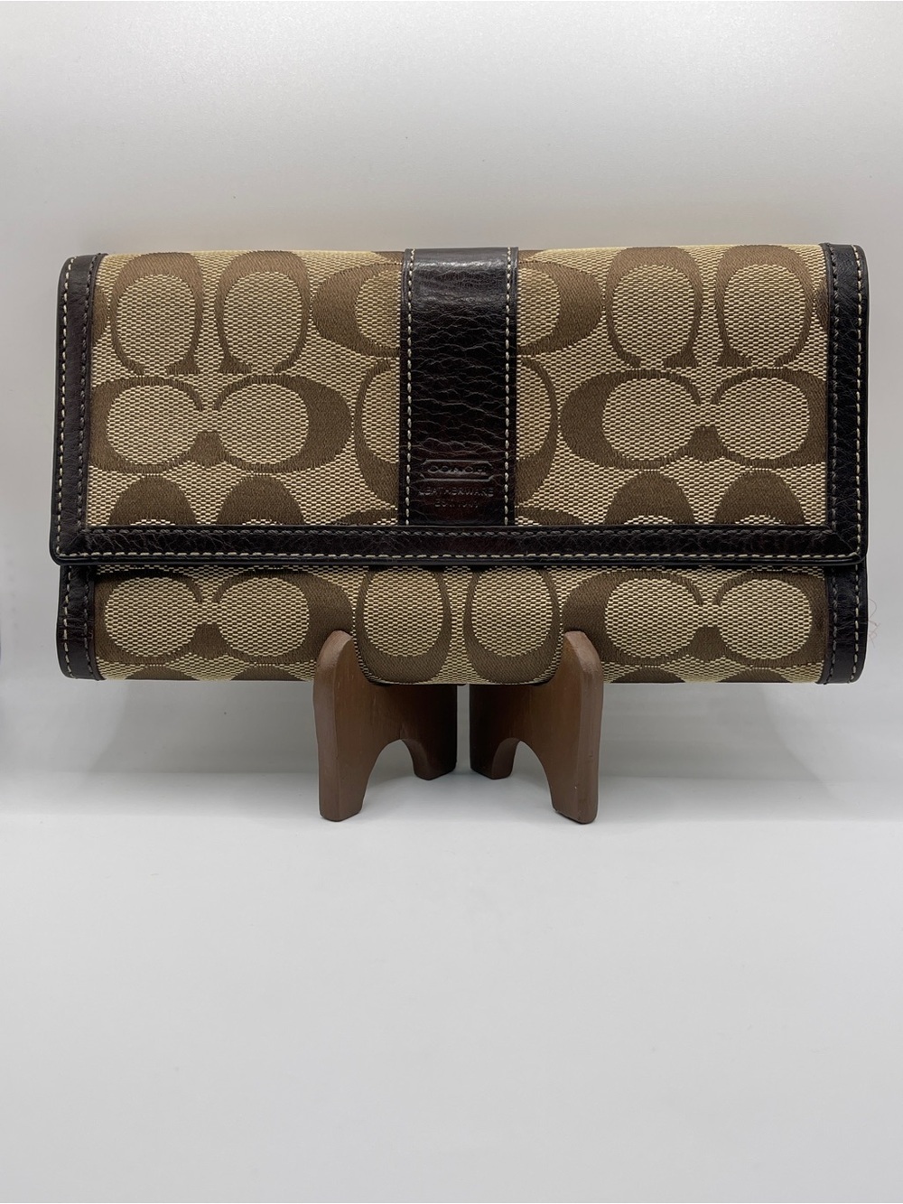 Coach Khaki & Dark Brown Signature Trifold Wallet